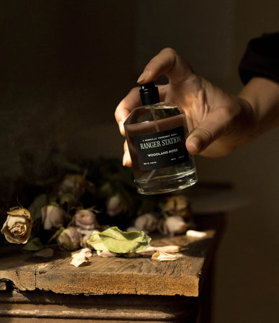 Hand holding Ranger Station perfume next to shelf